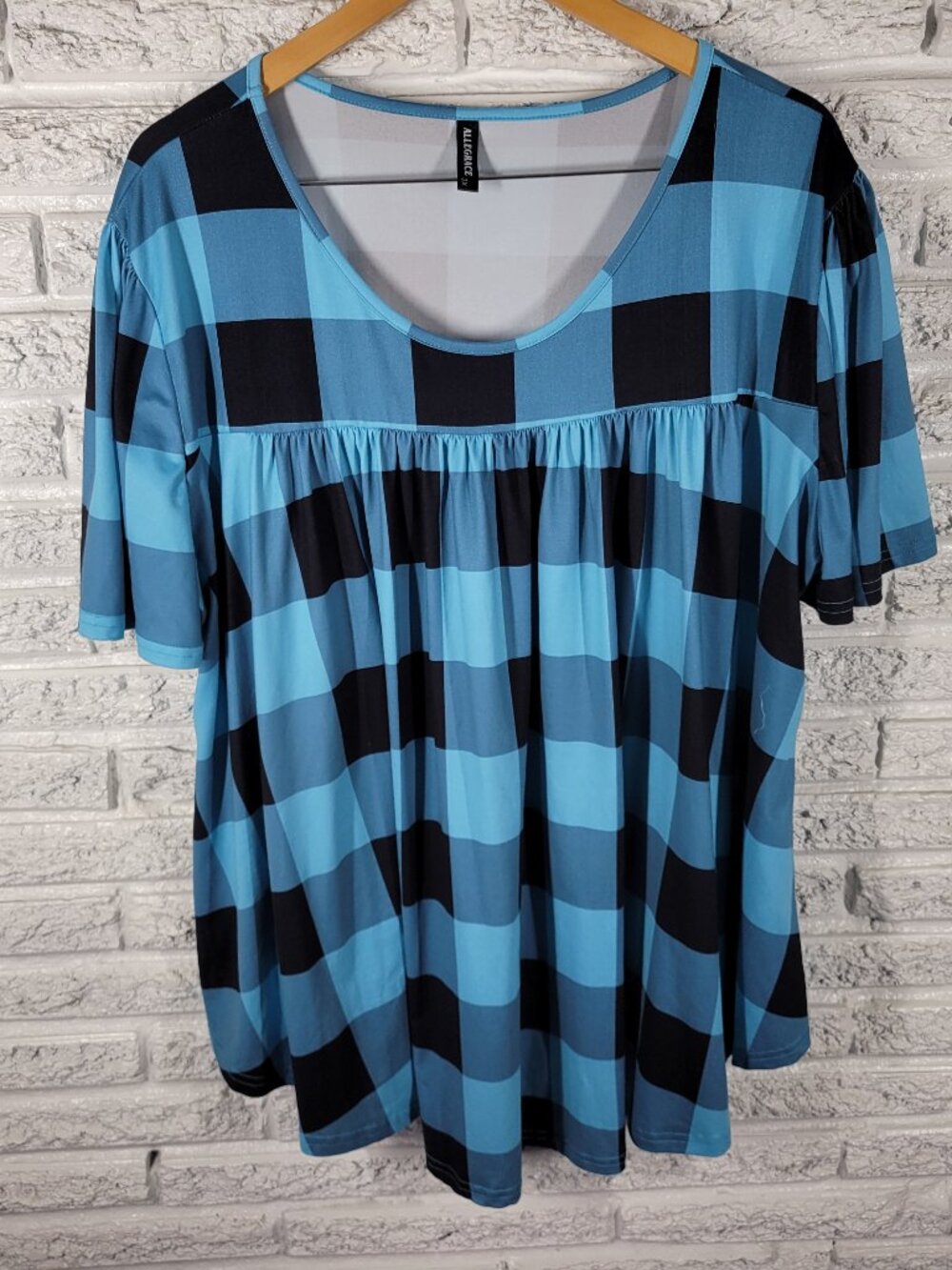 Allegrace Women 3X Tunic Top Blue Black Geometric Pleated Stretch GEO269E